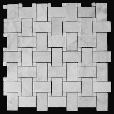 Carrara Marble Italian White Bianco Carrera Basketweave Mosaic Tile with Bianco Carrara Dots Honed