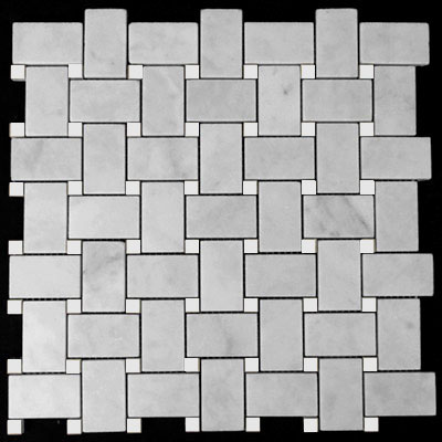Carrara Marble Italian White Bianco Carrera Basketweave Mosaic Tile with White Dolomite Dots Polished